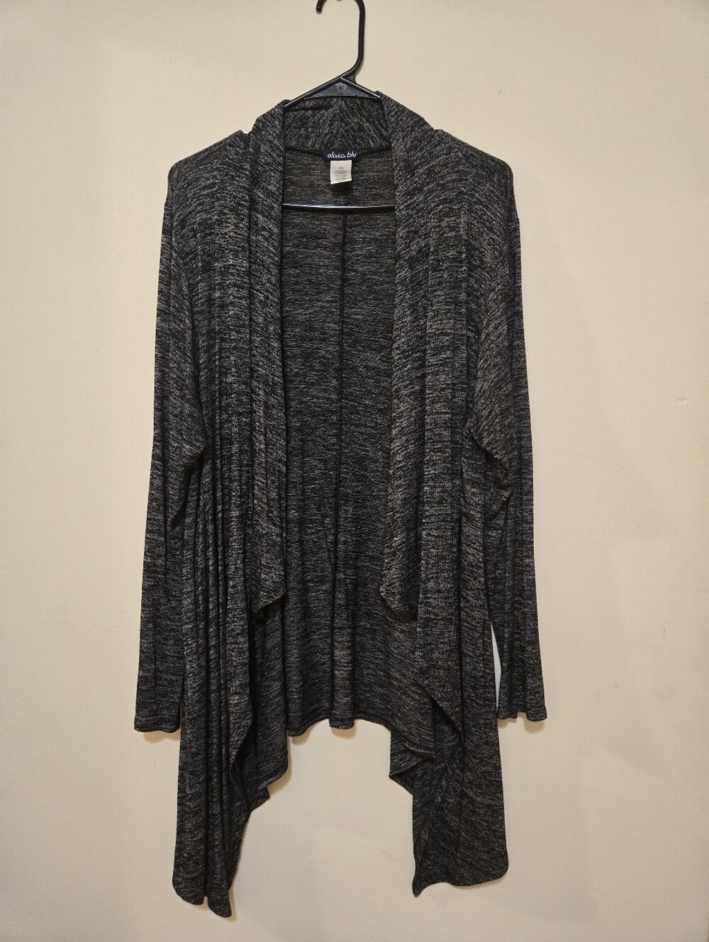 Olivia Blu Black and gray marled knit open-front long cardigan, Size 1x
